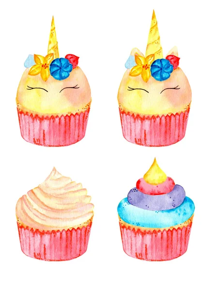 Pink Magic Set Cute Unicorn Cupcakes Watercolor Illustration Isolated White — Stock Photo, Image