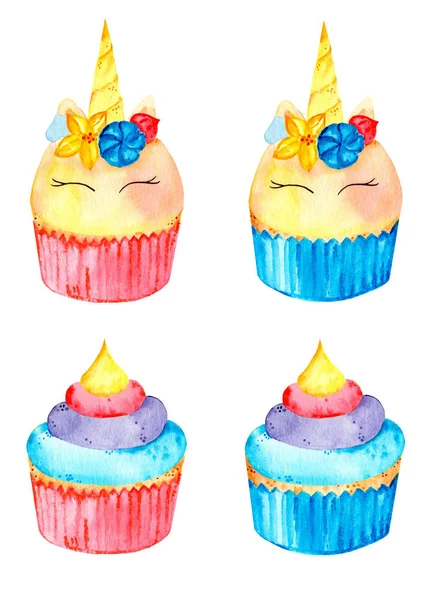 Sevimli tek boynuzlu at ve gökkuşağı cupcakes Magic seti. Suluboya illüstrasyon. Beyaz arka planda yalıtılmış.