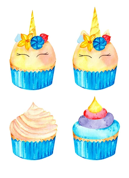 Blue Magic Set Cute Unicorn Cupcakes Watercolor Illustration Isolated White — Stock Photo, Image