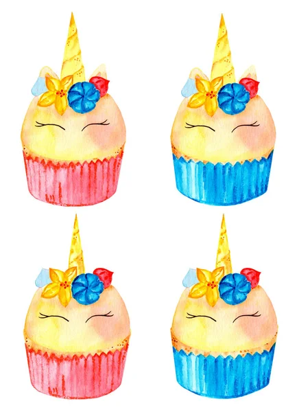 Magiska Uppsättning Söta Unicorn Muffins Akvarell Illustration Isolerad Vit Bakgrund — Stockfoto