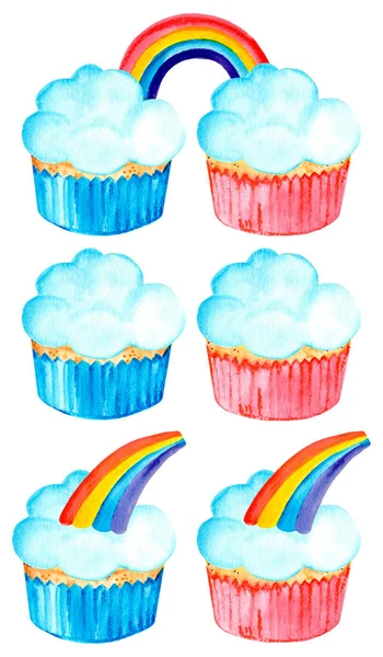 魔术集可爱的彩虹甜纸杯蛋糕 水彩插图 在白色背景上隔离 — 图库照片