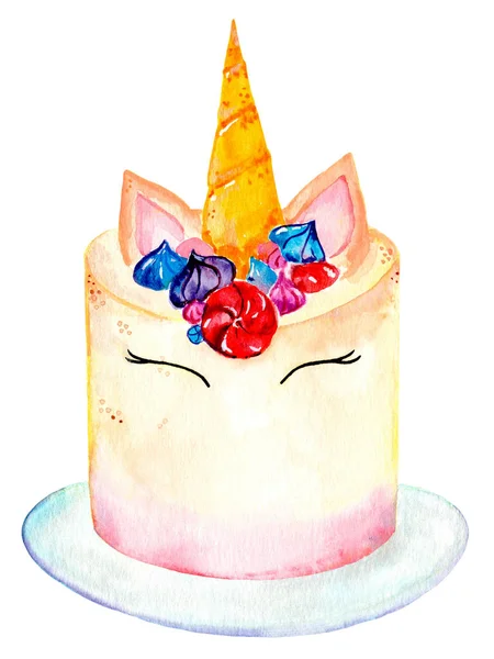 Cute magic unicorn cake (pie). Watercolor illustration. Isolated on a white background.