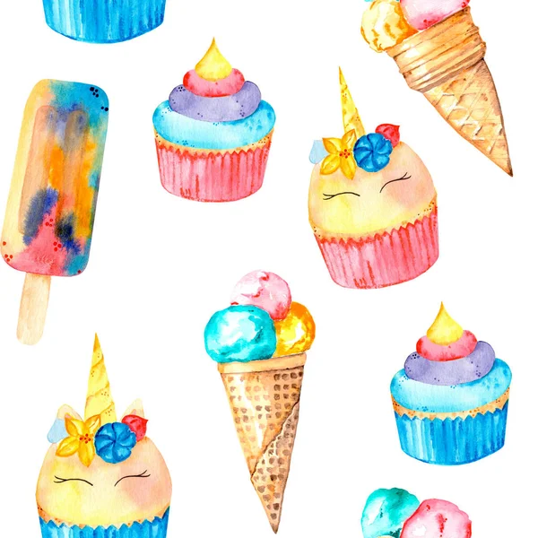 Dondurma, tek boynuzlu at ve gökkuşağı cupcakes ile Magic sorunsuz desen. Suluboya illüstrasyon. Beyaz arka planda yalıtılmış.