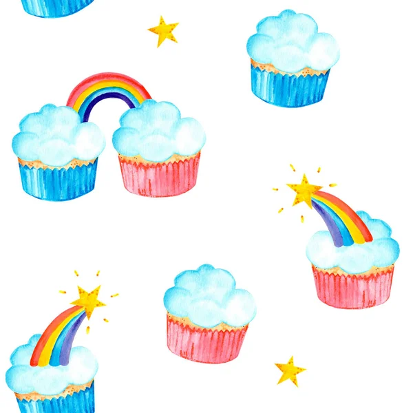 Sevimli gökkuşağı tatlı cupcakes ile Magic sorunsuz desen. Suluboya illüstrasyon. Beyaz arka planda yalıtılmış.
