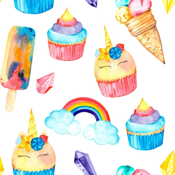 Dondurma, tek boynuzlu at ve gökkuşağı cupcakes ile Magic sorunsuz desen. Suluboya illüstrasyon. Beyaz arka planda yalıtılmış.