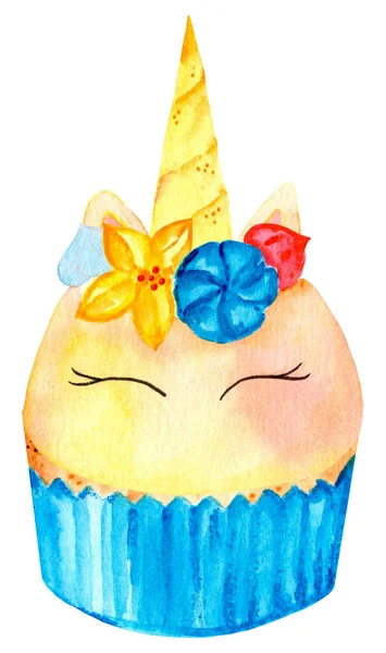 Cute magic unicorn cake in blue form. Watercolor illustration. Isolated on a white background.