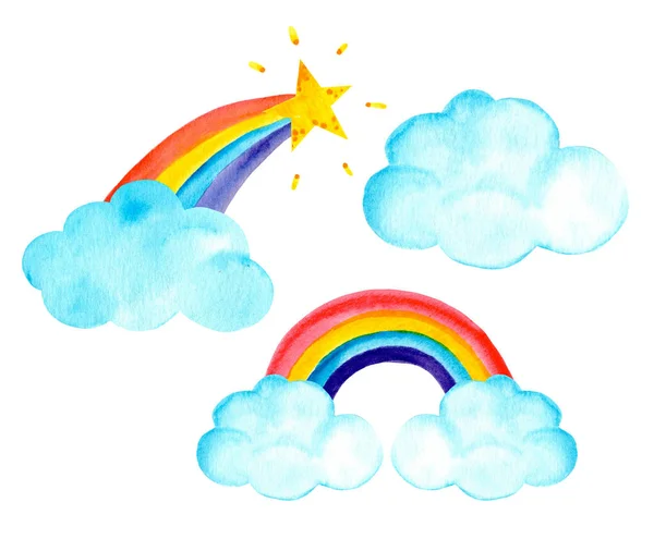 Sky Magic Set Met Wolken Regenbogen Aquarel Illustratie Een Witte — Stockfoto