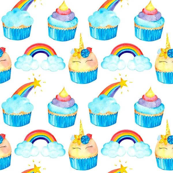 Tek boynuzlu at, cupcakes ve gökkuşağı ile üst üste Magic sorunsuz desen. Suluboya illüstrasyon. Beyaz arka planda yalıtılmış.