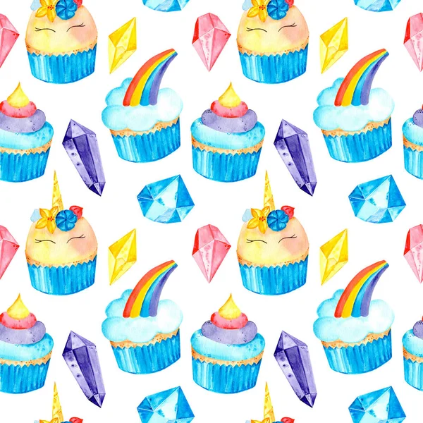 Magia Bez Szwu Wzór Jednorożcem Cupcakes Kryształy Tęcza Ilustracja Akwarela — Zdjęcie stockowe