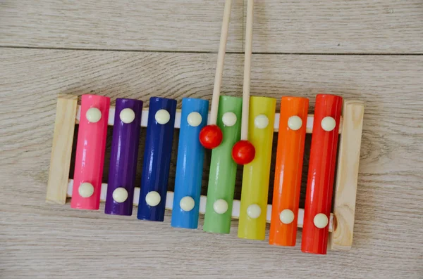 Xylophone Multicolore Lumineux Près Isolé Sur Fond Bois — Photo