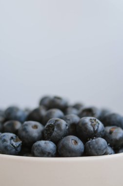 Mavi arka planda beyaz kasede su damlaları olan taze toplanmış yaban mersinli bir makro. Tatlı olgun böğürtlenler beyaz arka planda kapanıyor