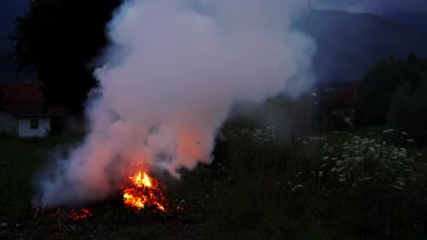 夜幕降临前在农村景观中燃烧的火焰 — 图库视频影像