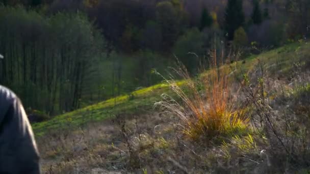 Uomo Nel Vento Sotto Erba Secca Autunno — Video Stock