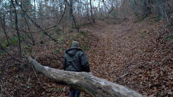 Uomo Che Cammina Attraverso Foresta Foglie Autunnali — Video Stock