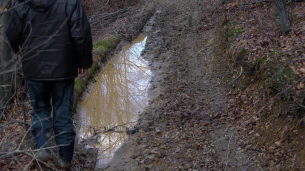 Man Goes Puddle Mirror — Stock Video