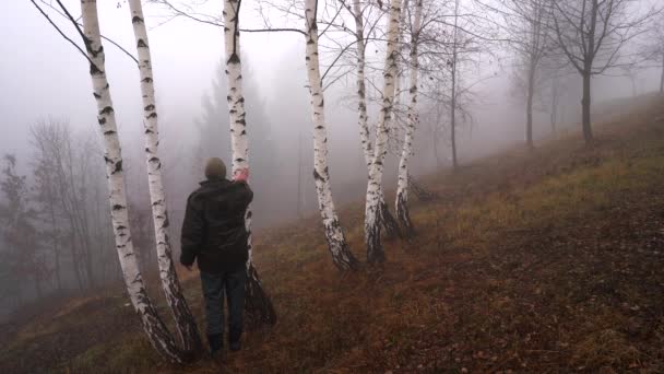 Mann Streift Baum Und Gerät Dichten Nebel — Stockvideo