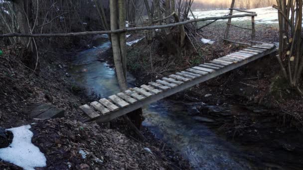 Man Crosses Creek Wooden Bridge — Stock Video