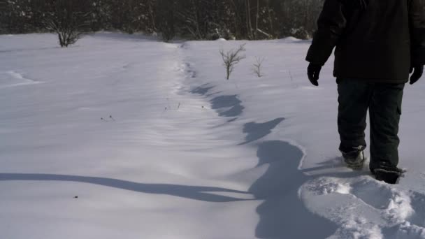 Человек Проходит Сквозь Глубокий Снег — стоковое видео