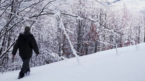 Mężczyznę Idącego Głębokim Śniegu Pod Gałęziami — Wideo stockowe