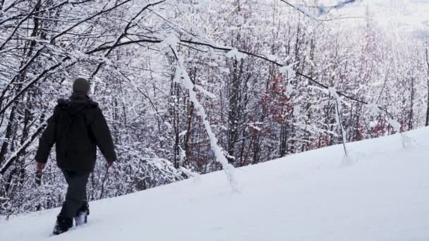 Uomo Che Cammina Nella Neve Profonda Sotto Rami — Video Stock