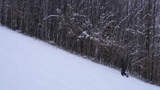 Человек Идет Вдоль Леса Снежный Холм — стоковое видео