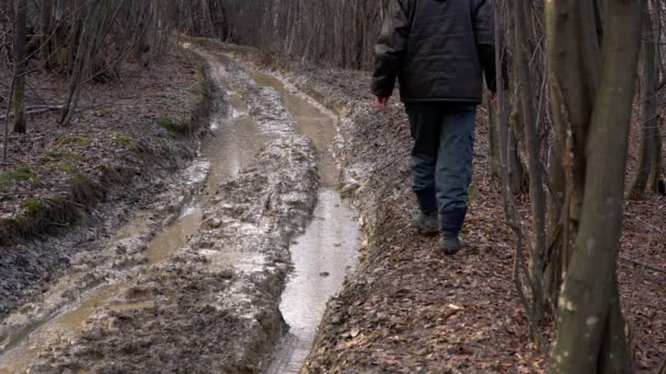 泥だらけの森の小道に沿って行く男 — ストック動画
