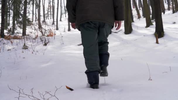 Homem Passa Pelo Caminho Floresta Nevada — Vídeo de Stock