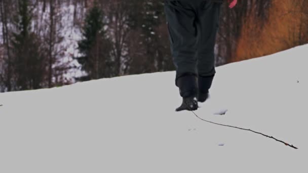 Homem Passa Pelo Caminho Floresta Nevada — Vídeo de Stock