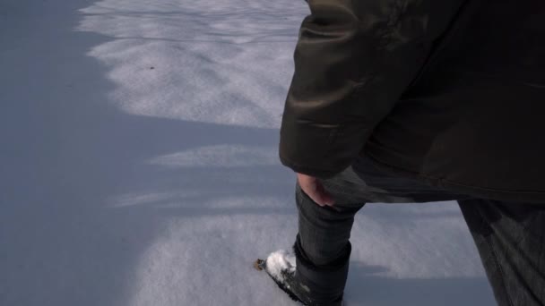 Άνθρωπος Περνά Μέσα Από Χιονισμένο Δάσος Μονοπάτι — Αρχείο Βίντεο