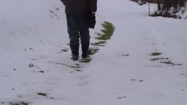 Erkek karlı orman yolundan gider