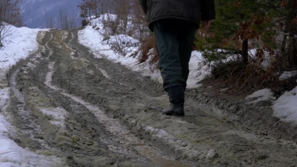 Άνθρωπος Πηγαίνει Μέσα Από Υγρό Δάσος Μονοπάτι Χιόνι Έλιωσε — Αρχείο Βίντεο