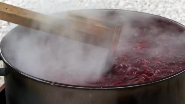用有机李子做果酱的老方法 烹调和搅拌 — 图库视频影像