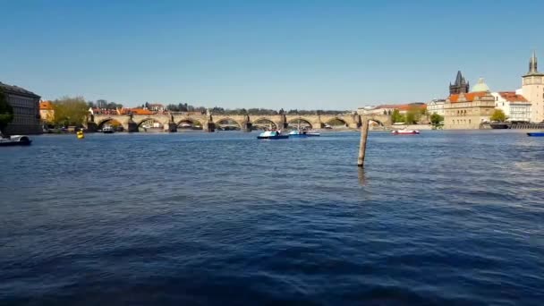 Prague Vltava River Charles Bridge Background Τσεχική Δημοκρατία April 2019 — Αρχείο Βίντεο