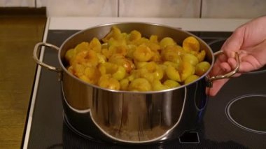 Pişirmek için konulmuş organik beyaz erik reçeli yapmak