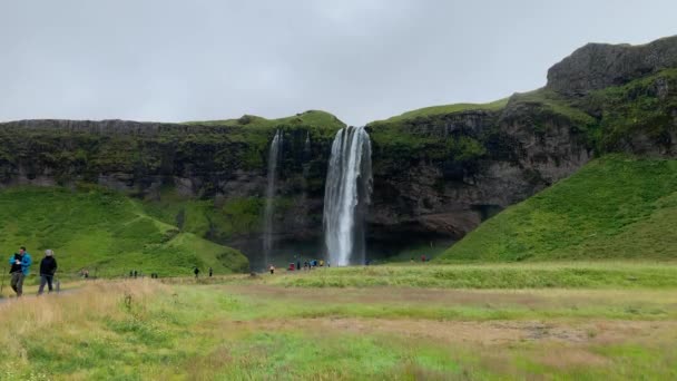 Seljalandsfoss Cachoeira Com Turistas Ampla Paisagem Islândia — Vídeo de Stock