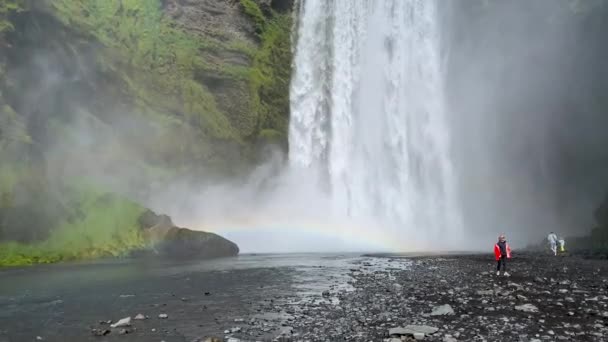 Skogafoss滝と観光客 閉じる アイスランド — ストック動画