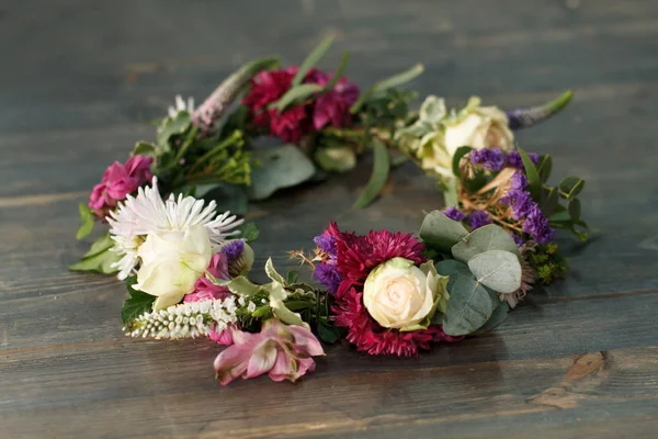 Flower Wreath Wooden Table Workshop — Stock Photo, Image