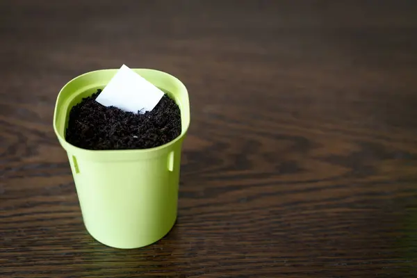 Flower pot with earth and white paper for writing the date and name of the plant — Stock Photo, Image