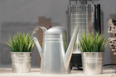 Metal çaydanlık ve Dekoratif metal kova ile sokakta bir Cafe Dekorasyon için bitkiler
