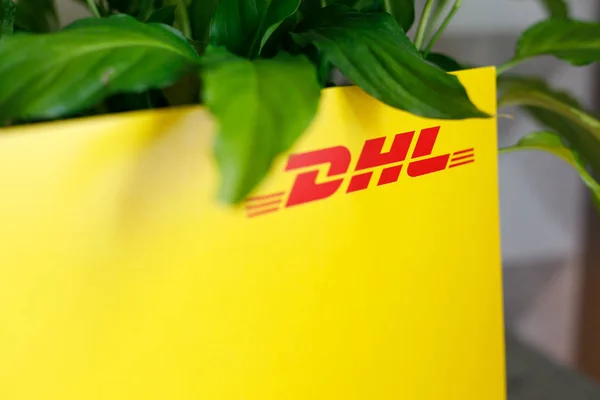 Voronezh, Russia - May 25, 2019: Envelope with DHL logo near the plant. DHL is an international company for express delivery of goods and documents, one of the world leaders in the logistics market — Stock Photo, Image