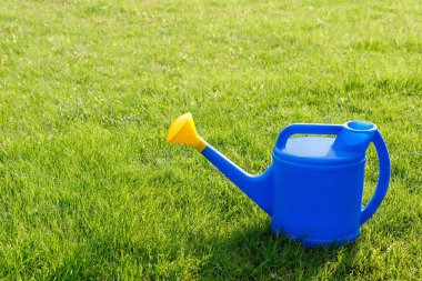 mavi plastik sulama güneşli bir sabah yeşil bir çim üzerinde sarı bir lens ile olabilir