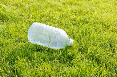Yeşil bir çimenlikte boş plastik şişe. Konsept: çevre kirliliği
