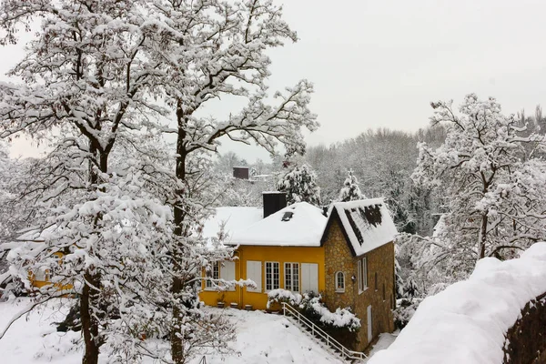 Litet mysigt gult hus i vinterskogen. Tyskland. — Stockfoto