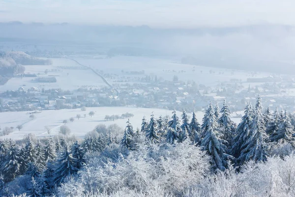 Inverno bellissimo paesaggio con alberi coperti di hoarfrost. Un piccolo villaggio europeo si trova tra i campi innevati . — Foto Stock