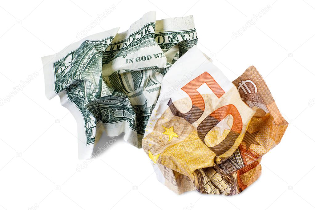 US dollar and 50 euro banknote. Crumpled banknotes closeup. The concept of money is paper. Monetary concept.