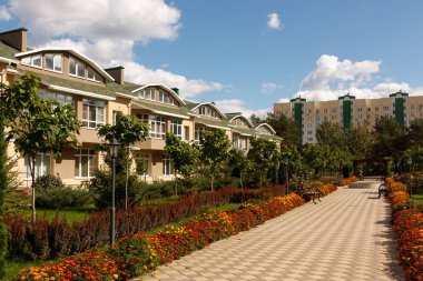 Güneşli bir günde bir banliyö köyünde yeni evler bir satır.