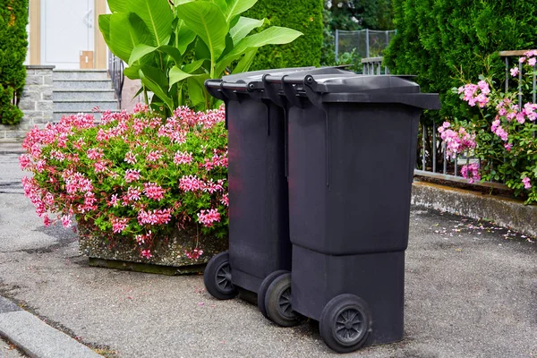 İki plastik çöp tenekesi güneşli bir günde çiçekli çalıların arka planına karşı temiz asfalt üzerinde durmak. Çöplerin geri dönüşümü kavramı, şehir temizliği