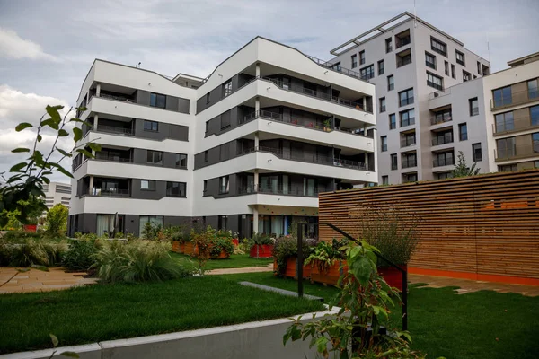 Patio entre casas modernas. Imagen de un acogedor espacio verde de la ciudad . —  Fotos de Stock