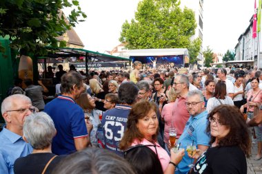 Birçok insan açık hava konserinde bir rock grubu olan The Queen Kings 'i dinler. Neckarsulm, Almanya - 8 Ağustos 2019.