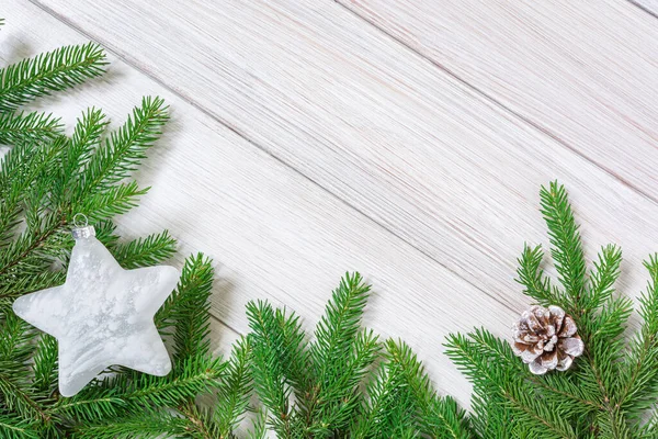 Natale Anno Nuovo Decorazioni Sfondo Rami Albero Coni Giocattolo Vetro — Foto Stock